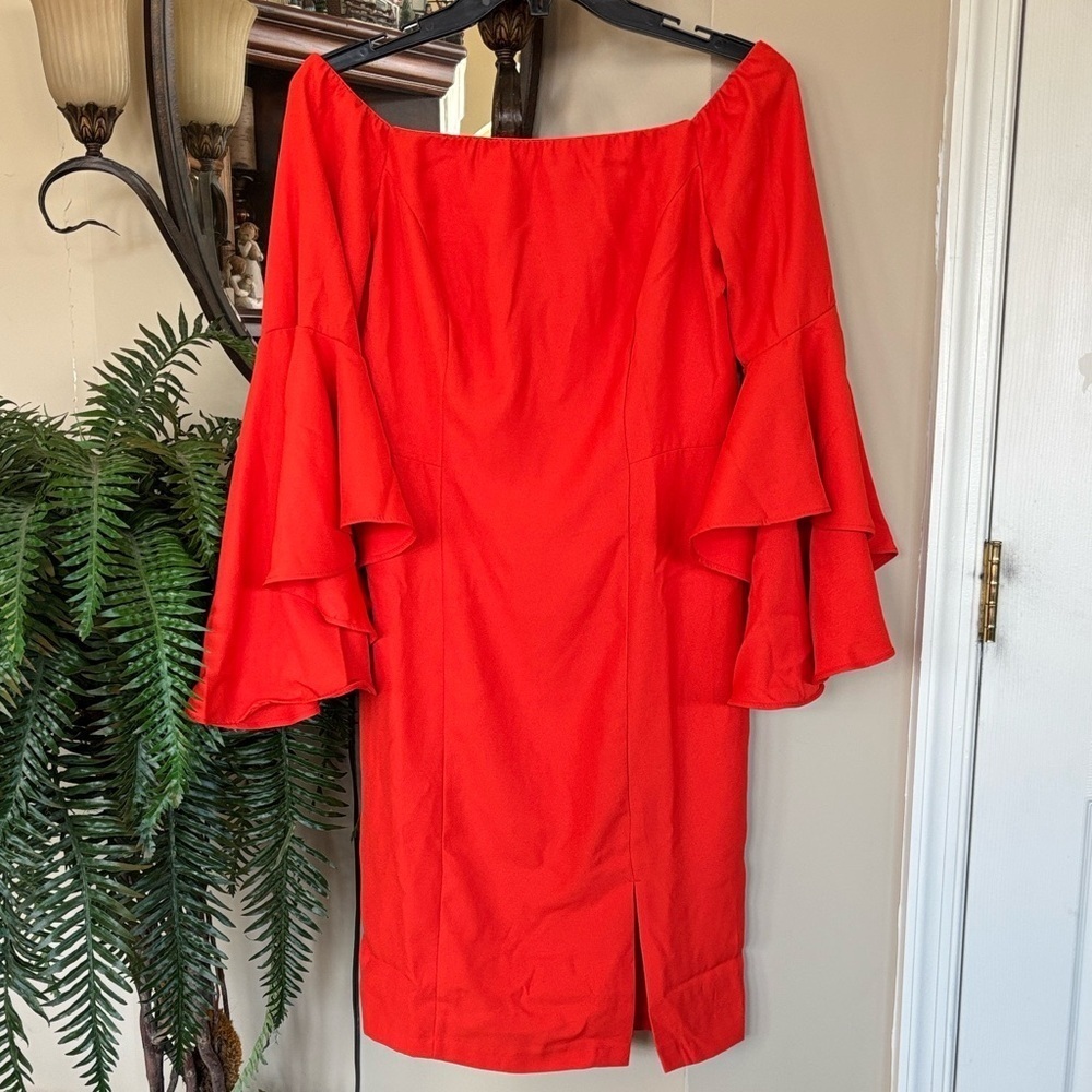 Venus Off the Shoulder Red Knee Length Sheath Shift Dress Ruffle Bell Sleeves